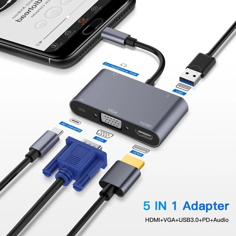 هاب چند پورت USB-C نالاکال - ایستگاه داکینگ 5 در 1 با HDMI، USB 3.0، TF، SD، PD، VGA، HDTV، AUX برای مک بوک ایر/پرو، استیم دک، سوییچ