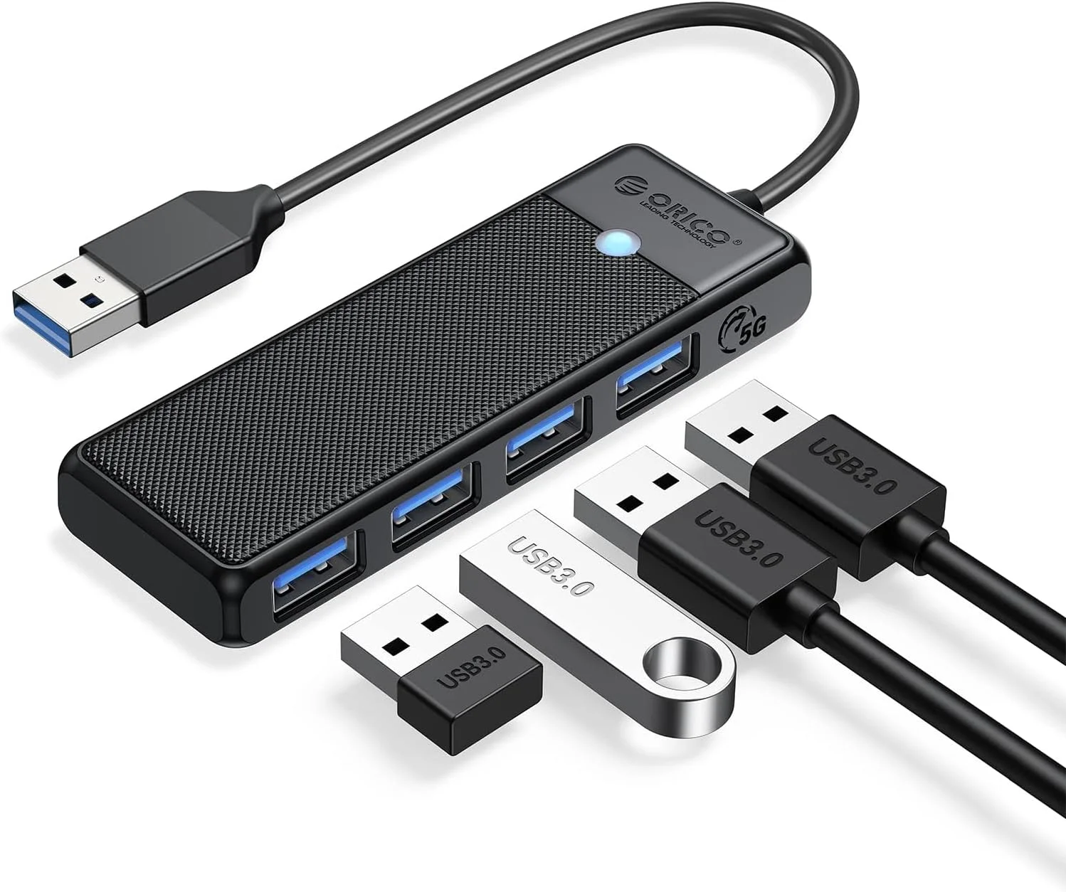 هاب USB 3.0 فوق العاده باریک 4 پورت NALACAL، اسپلیتر USB با سرعت بالا برای لپ تاپ، مک بوک، آی مک، سرفیس پرو، PS5، کامپیوتر، فلش مموری، هارد دیسک های موبایل - مشکی، 0.15 متر