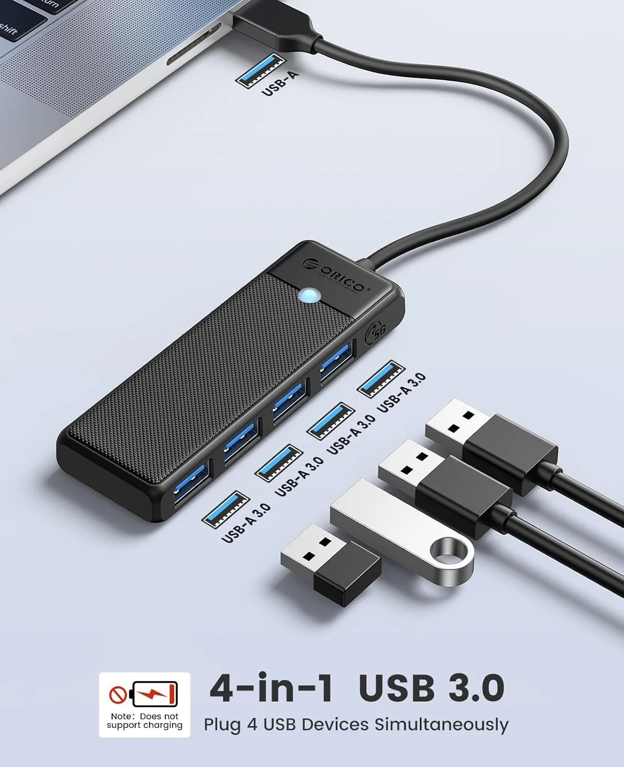 هاب USB 3.0 فوق العاده باریک 4 پورت NALACAL، اسپلیتر USB با سرعت بالا برای لپ تاپ، مک بوک، آی مک، سرفیس پرو، PS5، کامپیوتر، فلش مموری، هارد دیسک های موبایل - مشکی، 0.15 متر