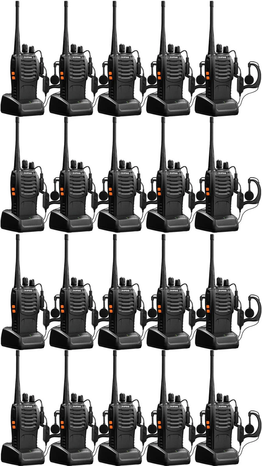 رادیو UHF باوفنگ BF-888s 5W، فرکانس 420-450 مگاهرتز، 16 کانال، عملکرد VOX، آلارم اضطراری، اعلان صوتی، شارژ هوشمند، ذخیره باتری، چراغ قوه، 1500mAh، بسته 20 عددی، مشکی | BF-888s20