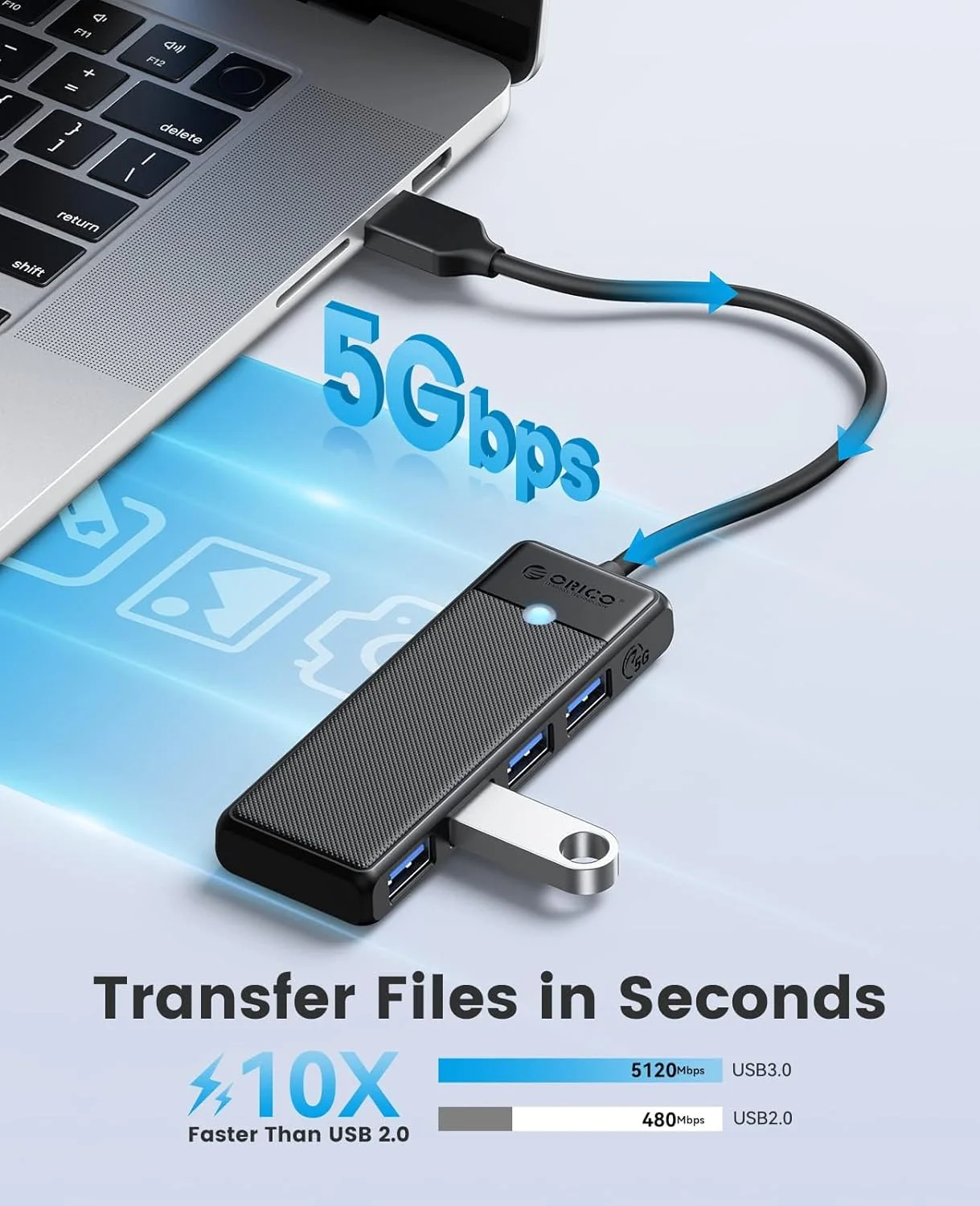 هاب USB 3.0 فوق العاده باریک 4 پورت NALACAL، اسپلیتر USB با سرعت بالا برای لپ تاپ، مک بوک، آی مک، سرفیس پرو، PS5، کامپیوتر، فلش مموری، هارد دیسک های موبایل - مشکی، 0.15 متر