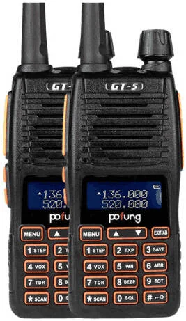 رادیو دو بانده BAOFENG GT-5 5W، فرکانس VHF 144-148MHz و UHF 420-450MHz، 128 کانال، مانیتور کانال، ذخیره باتری، هشدار کمبود باتری، تنظیم ROGER، هشدار اضطراری، 2 عدد، مشکی | GT-52
