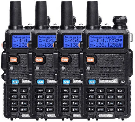 رادیو دو طرفه آنالوگ دو بانده BAOFENG UV-5R 5W، محدوده فرکانس UHF/VHF، تُن برست 1750 هرتز، چراغ قوه LED، هشدار اضطراری، تنظیمات راجر، تایمر تایم اوت، باتری 1800 میلی آمپر ساعتی، بسته 4 عددی، مشکی | UV-5R4