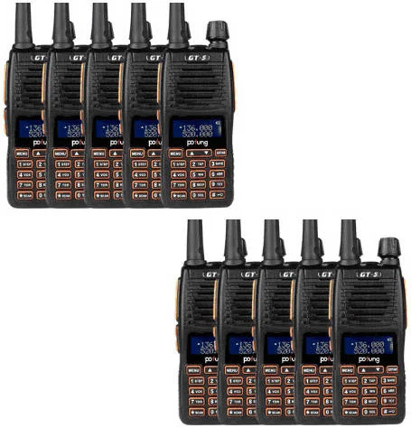 رادیو دو بانده 5 واتی BAOFENG GT-5، فرکانس VHF 144-148MHz و UHF 420-450MHz، 128 کانال، مانیتور کانال، ذخیره باتری، هشدار کمبود باتری، تنظیم ROGER، هشدار اضطراری، بسته 10 عددی، مشکی | GT-510