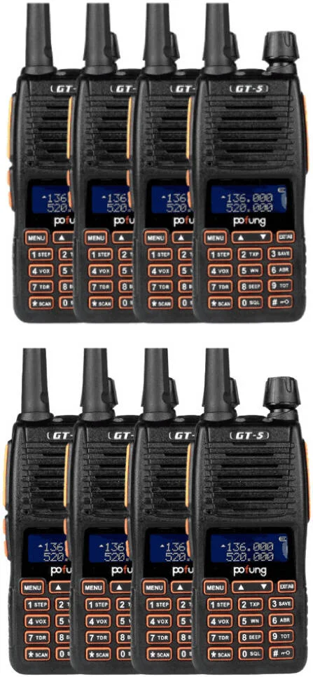 رادیو دو بانده 5 واتی BAOFENG GT-5، فرکانس VHF 144-148MHz و UHF 420-450MHz، 128 کانال، مانیتور کانال، ذخیره باتری، هشدار کمبود باتری، تنظیم ROGER، هشدار اضطراری، بسته 8 عددی، مشکی | GT-58
