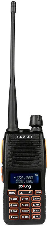 رادیو دو بانده 5 واتی BAOFENG GT-5، فرکانس VHF 144-148MHz و UHF 420-450MHz، 128 کانال، مانیتور کانال، ذخیره باتری، هشدار کمبود باتری، تنظیم ROGER، هشدار اضطراری، بسته 8 عددی، مشکی | GT-58