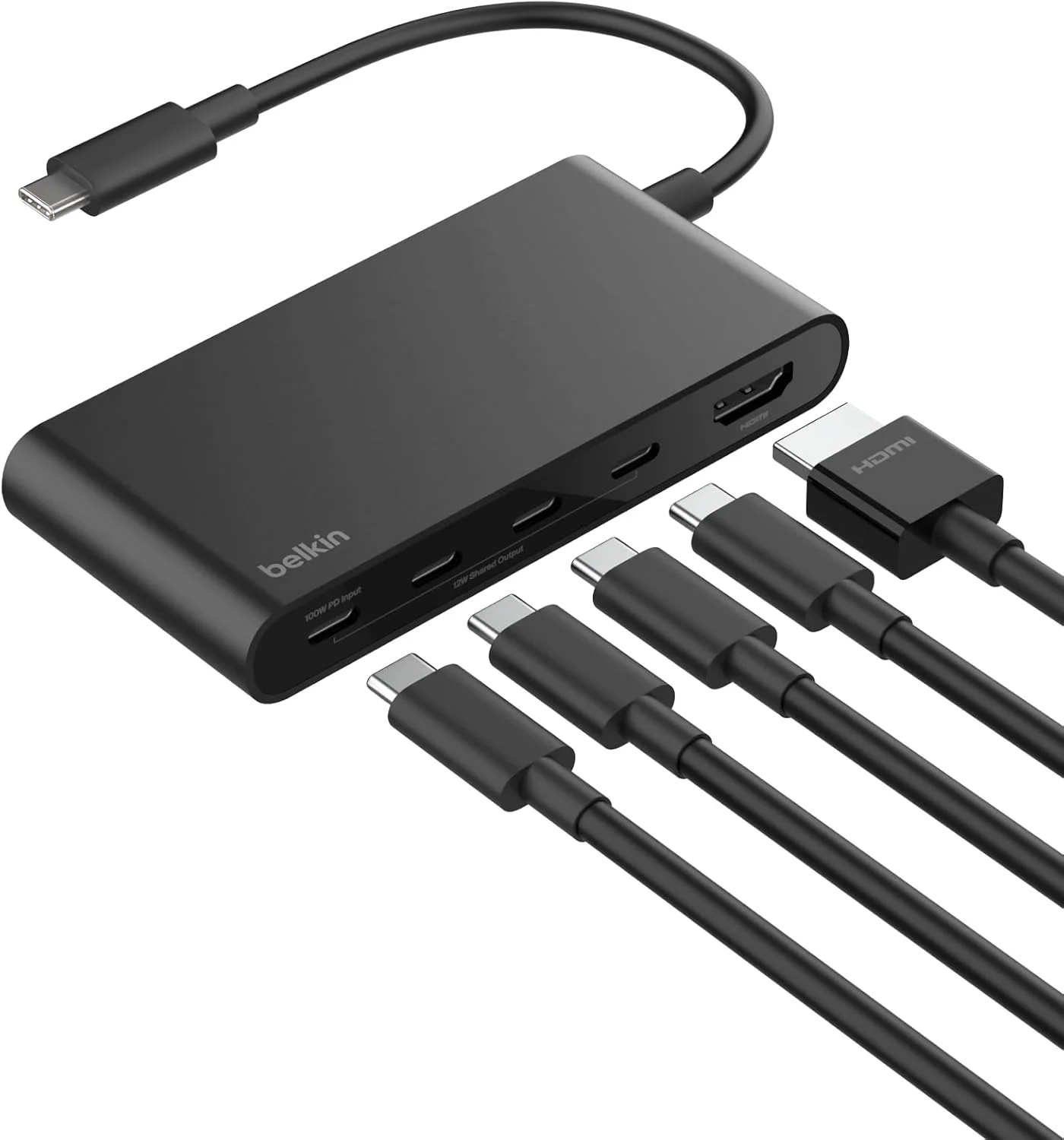 هاب USB-C بلکین، هاب 5 پورت با خروجی تصویر 4K HDMI با نرخ 60 هرتز، انتقال سریع داده 10 گیگابیت بر ثانیه، آداپتور چند پورت USB-C - سازگار با مک بوک، آیپد پرو، کروم بوک و غیره