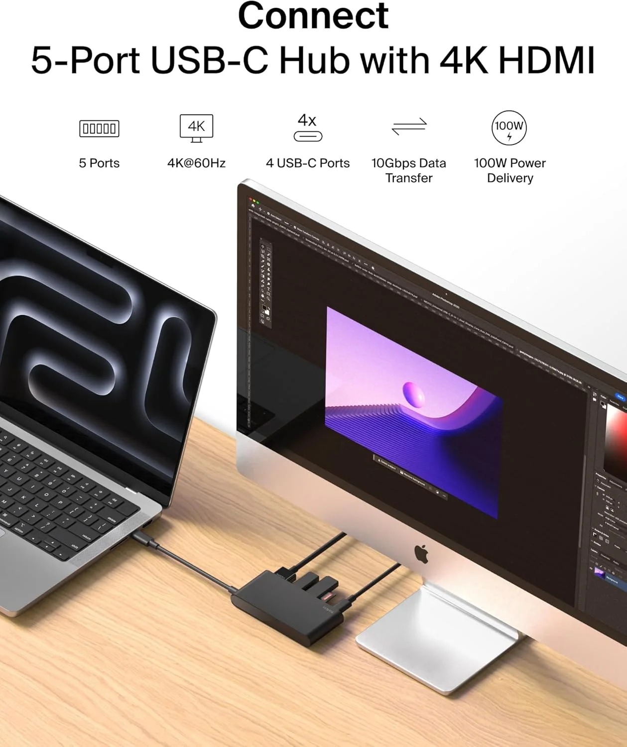 هاب USB-C بلکین، هاب 5 پورت با خروجی تصویر 4K HDMI با نرخ 60 هرتز، انتقال سریع داده 10 گیگابیت بر ثانیه، آداپتور چند پورت USB-C - سازگار با مک بوک، آیپد پرو، کروم بوک و غیره