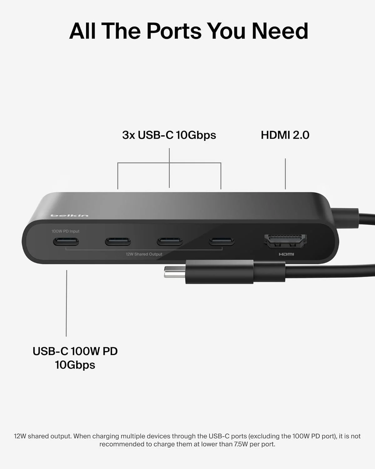 هاب USB-C بلکین، هاب 5 پورت با خروجی تصویر 4K HDMI با نرخ 60 هرتز، انتقال سریع داده 10 گیگابیت بر ثانیه، آداپتور چند پورت USB-C - سازگار با مک بوک، آیپد پرو، کروم بوک و غیره