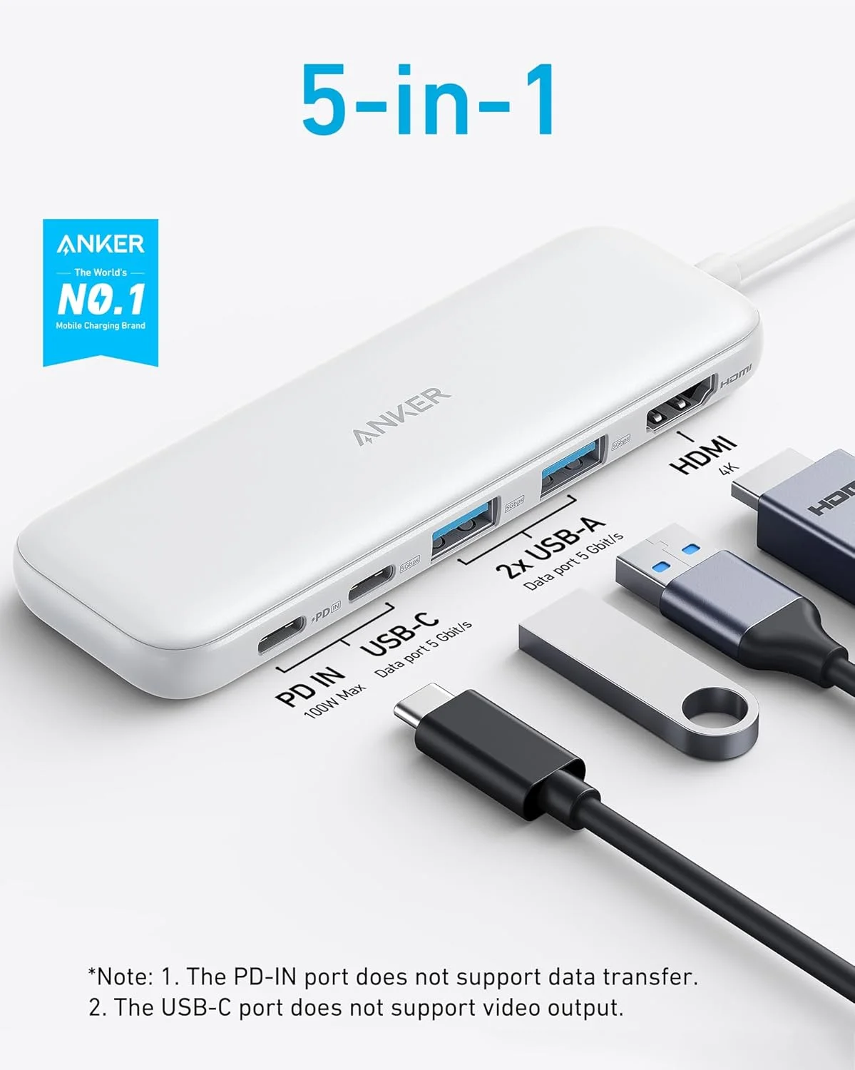 هاب USB-C انکر 332 (5 در 1) با نمایشگر HDMI 4K، پورت داده USB-C با سرعت 5 گیگابیت بر ثانیه و 2 پورت داده USB-A با سرعت 5 گیگابیت بر ثانیه، مناسب برای مک بوک پرو، مک بوک ایر، دل XPS، لنوو Thinkpad، لپ تاپ های HP و غیره (سفید) هاب USB-C انکر 332 (5 در 1) با نمایشگر HDMI 4K، پورت داده USB-C با سرعت 5 گیگابیت بر ثانیه و 2 پورت داده USB-A با سرعت 5 گیگابیت بر ثانیه، مناسب برای مک بوک پرو، مک بوک ایر، دل XPS، لنوو Thinkpad، لپ تاپ های HP و غیره (سفید)