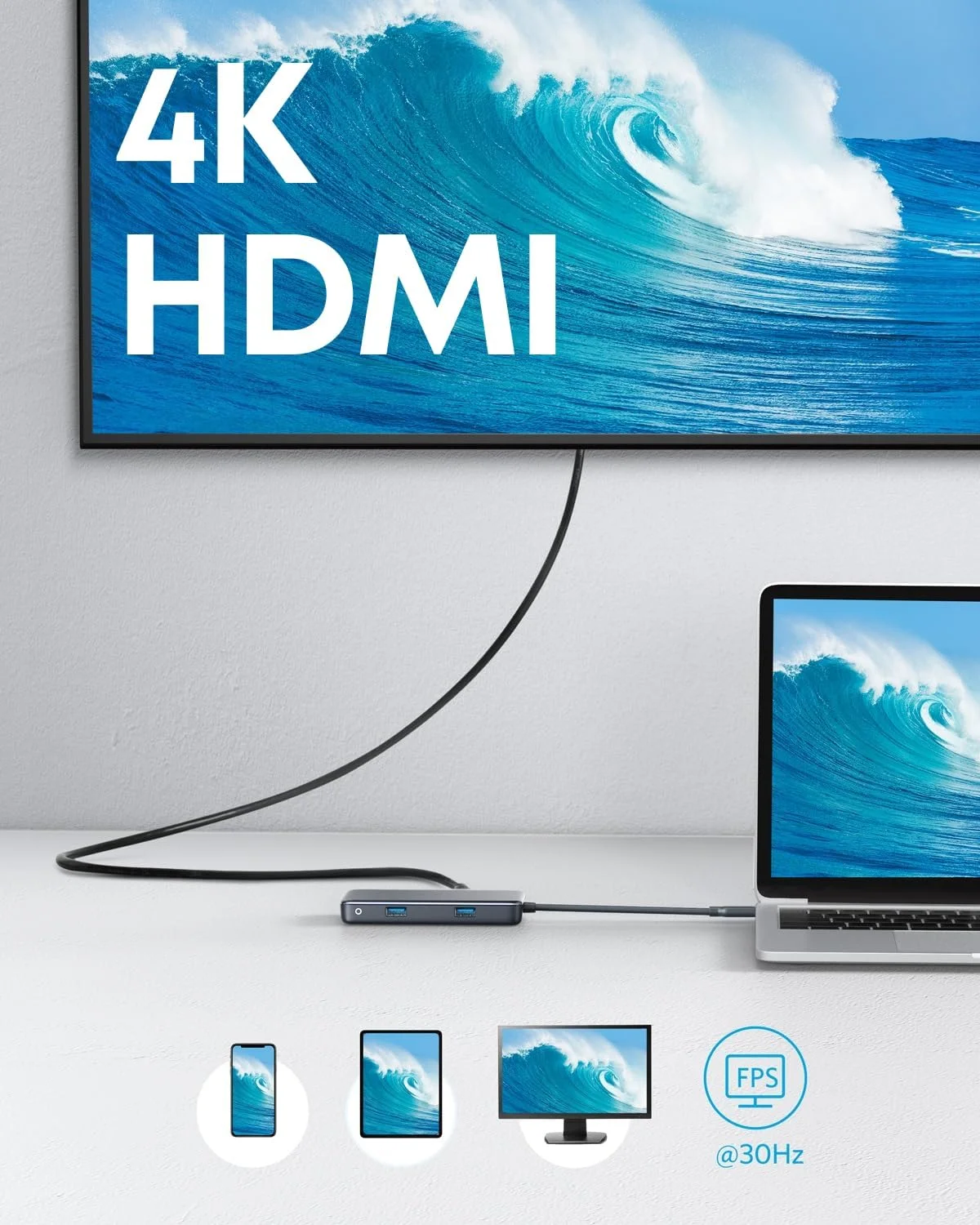 هاب USB C انکر، آداپتور PowerExpand+ 7-in-1 USB C، با پورت USB C به HDMI 4K، انتقال برق 60 واتی، اترنت 1 گیگابیتی، 2 پورت USB 3.0، کارت خوان SD و microSD، برای مک بوک پرو و سایر لپ تاپ های USB C