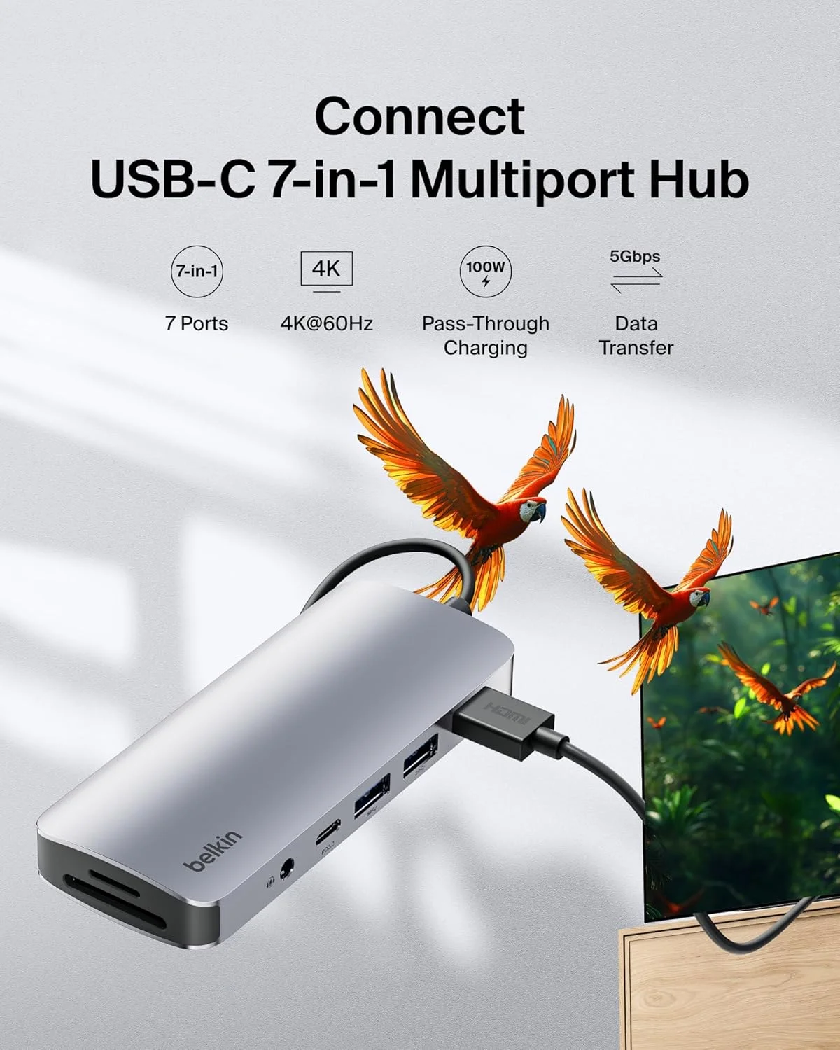 هاب USB-C بلکین Connect، 7 در 1 DDR200 سازگار، 2x کارت حافظه، 4K@60Hz، 100W، شارژ PD، جک 3.5 میلی متری، انتقال داده با سرعت بالا 5G، پورت HDMI، USB-C 3.2 و USB-A 3.2، کارت SD و MicroSD، Thread هاب USB-C بلکین Connect، 7 در 1 DDR200 سازگار، 2x کارت حافظه، 4K@60Hz، 100W، شارژ PD، جک 3.5 میلی متری، انتقال داده با سرعت بالا 5G، پورت HDMI، USB-C 3.2 و USB-A 3.2، کارت SD و MicroSD، Thread