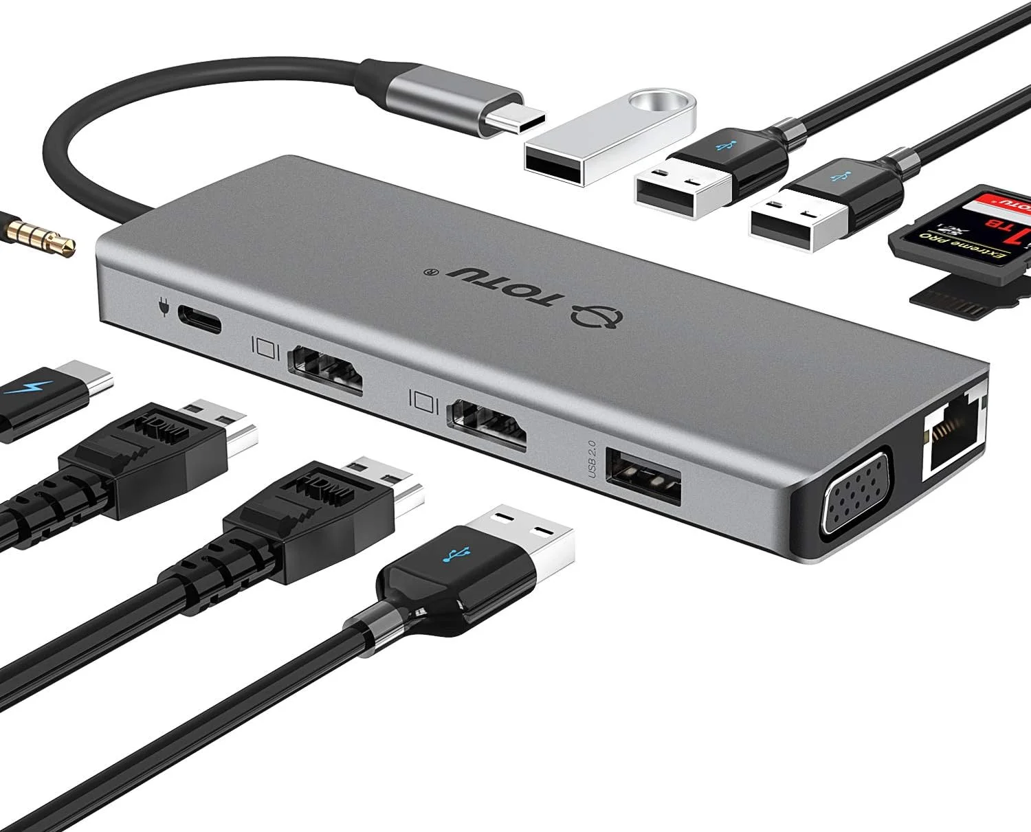 هاب USB C توتو، هاب نوع C سیزده در یک با اترنت، USB C به 2 HDMI 4K، VGA، 2 USB 3.0، 2 USB 2.0، PD 100W، کارت خوان SD/TF، داک استیشن میکروفون/صوتی برای مک بوک پرو ایر XPS و سایر لپ‌تاپ‌های USB-C