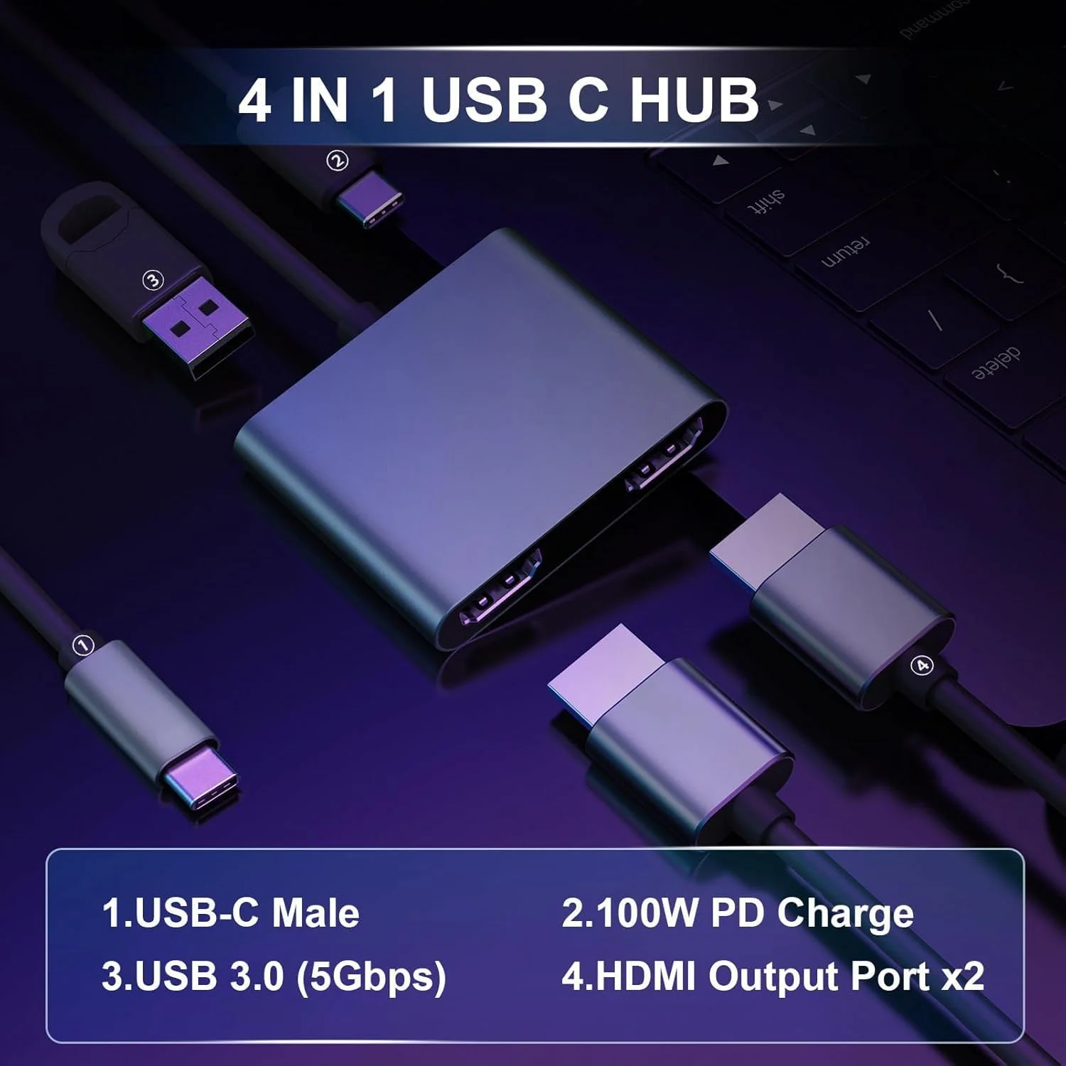 آداپتور USB C به دو HDMI 4K مدل T Tersely【4 در 1】، هاب USB C چند پورت با 2xHDMI، USB 3.0، 100W PD، اسپلیتر USB C به HDMI با قابلیت نمایش گسترده برای ویندوز (MST) و macOS (فقط SST)، مناسب برای MacBook Pro/Air