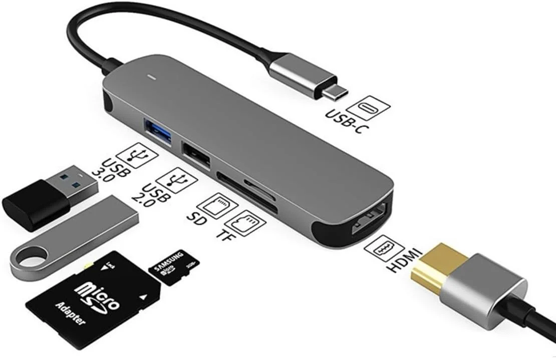 داک استیشن لپ تاپ چند منظوره 5 در 1 هاب USB C ایستگاه هاب لپ تاپ هاب USB C تبدیل Type-c به آداپتور چند پورت 4K HDMI پورت های USB 3.0، کارت SD (5 در 1)
