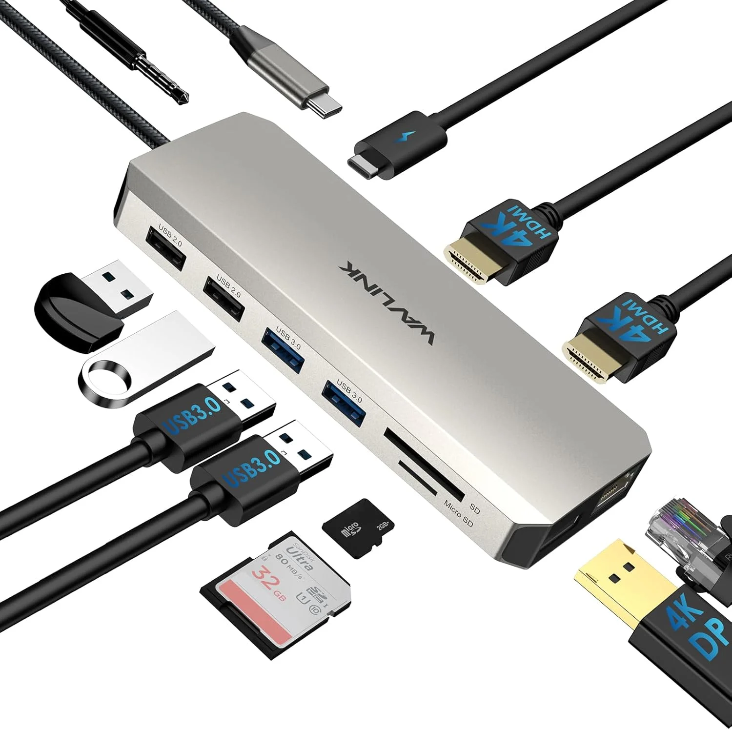 ایستگاه اتصال USB C دوازده در یک WAVLINK با دو مانیتور - هاب USB C با آداپتور دوگانه HDMI، هاب چند پورت Type C با نمایشگر سه گانه 4K HDMI DisplayPort، پورت های USB 3.0/2.0، اترنت، PD 85W، کارت خوان TF/SD، صدا
