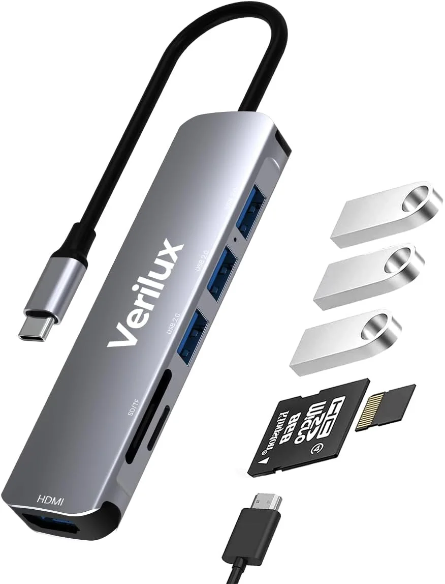 آداپتور هاب چند پورت USB C Verilux® - هاب آلومینیومی قابل حمل 6 در 1 Type C با خروجی 4K HDMI، پورت های USB 2.0/3.0، کارت خوان SD/Micro SD سازگار برای MacBook Pro 2016-2020، MacBook Air 2018-2020
