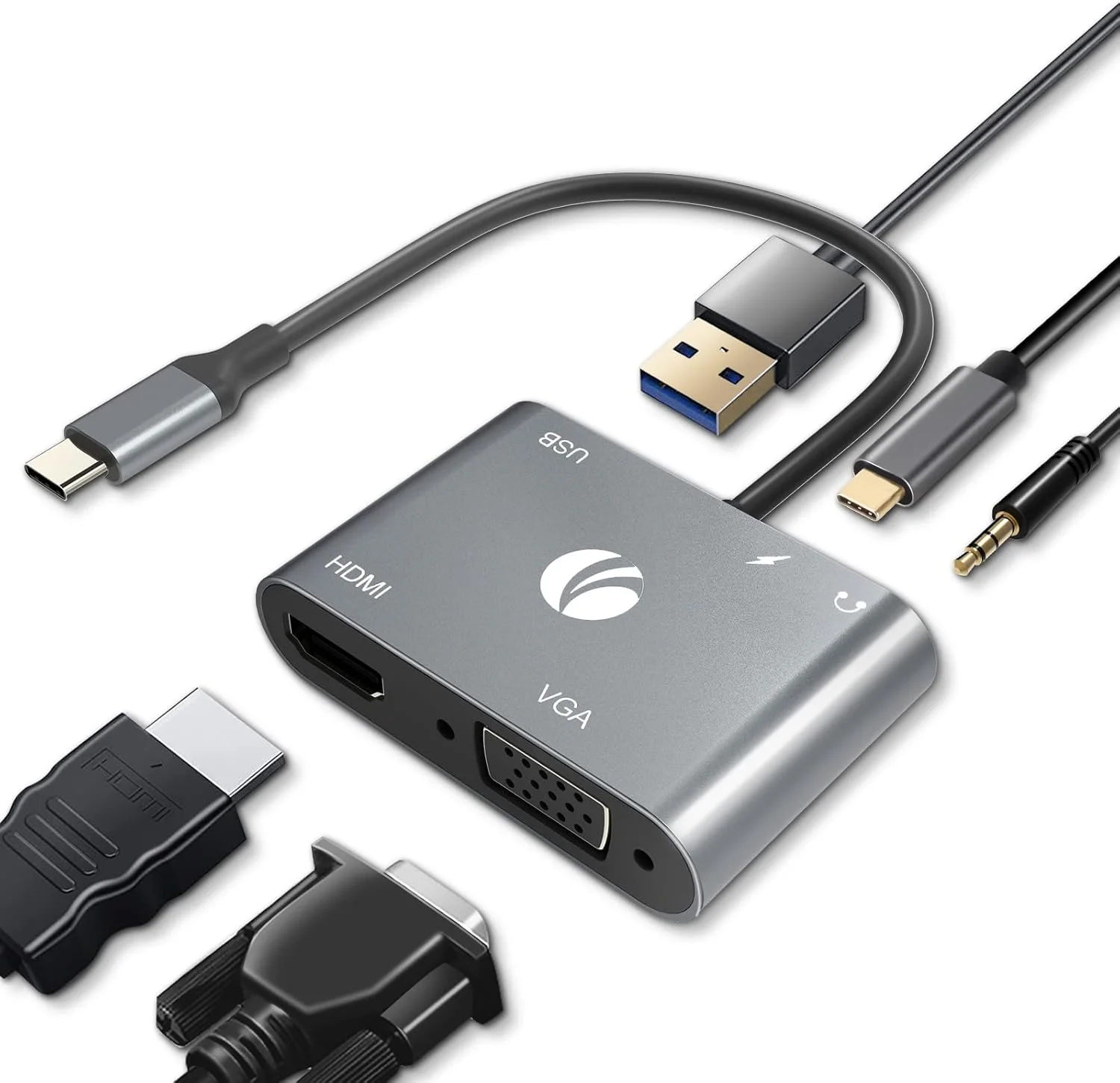 هاب VCOM USB C به HDMI VGA، آداپتور 5 در 1 Type C به 4K HDMI 1080P VGA با USB 3.0، صدا، پورت شارژ 100W PD، پشتیبانی از OTG سازگار با MacBook Air، iPad Pro، Dell XPS، Surface Pro