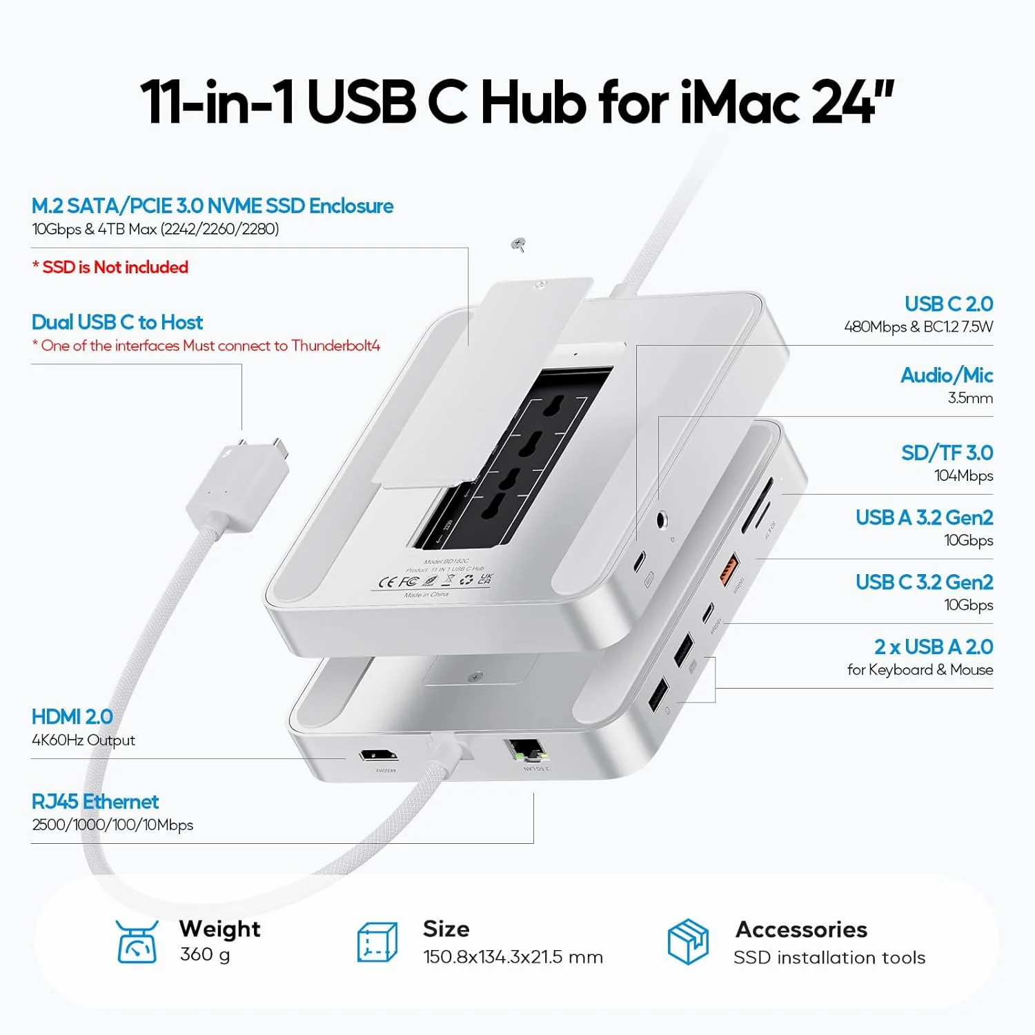 هاب USB C ارتقا یافته 11 در 1 برای iMac 24 اینچی مدل 2021، 2023 و 2024، پشتیبانی از M.2 SSD (شامل نمی شود)، لوازم جانبی iMac M1 M3 M4، HDMI 4K، اترنت 2.5G، 5 پورت USB A/C حداکثر 10 گیگابیت بر ثانیه، SD/TF (نقره ای)