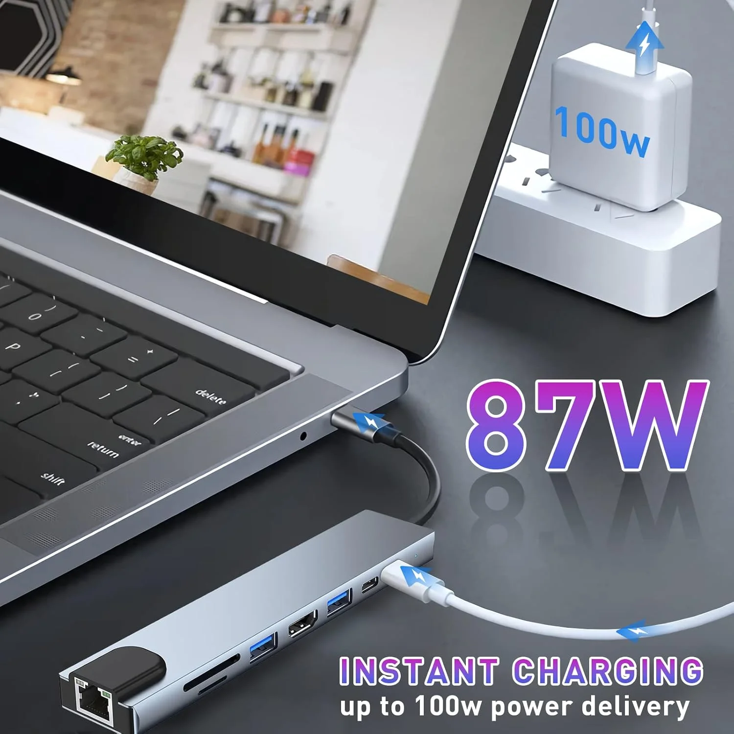 هاب USB-C، آداپتور 8 در 1: HDMI 4K، PD 100W، USB 3.0، اترنت، کارت خوان SD/TF - ایستگاه داکینگ سازگار با MacBook Pro/Air و غیره