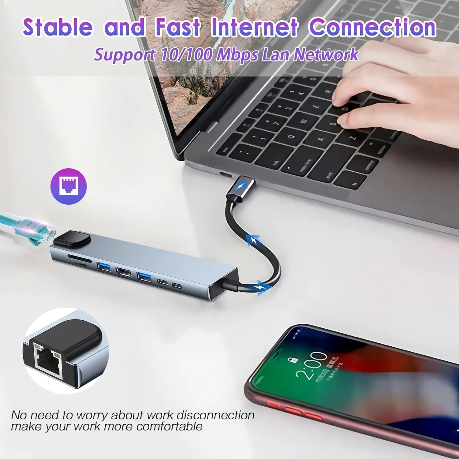 هاب USB-C، آداپتور 8 در 1: HDMI 4K، PD 100W، USB 3.0، اترنت، کارت خوان SD/TF - ایستگاه داکینگ سازگار با MacBook Pro/Air و غیره