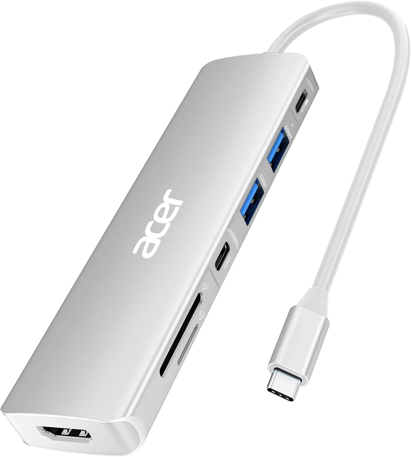 داک USB C ایسر، هاب USB C به HDMI هفت در یک، 2 پورت USB 3.1 GEN1 و پورت داده Type-C با سرعت 5 گیگابیت بر ثانیه، پورت HDMI 4K، شارژ PD 100W، کارت خوان SD، برای آیپد پرو، مک بوک پرو، لپ تاپ های ایسر و غیره (نقره ای)