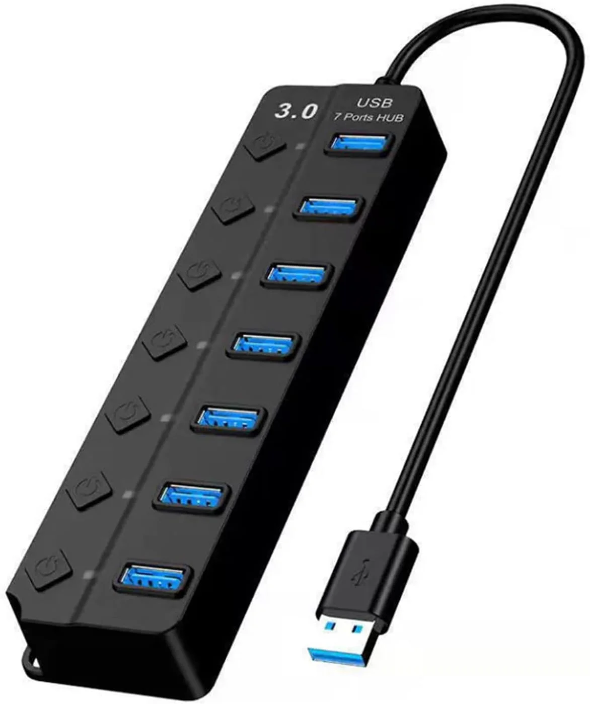 هاب USB 3.0 (مشکی)، اسپلیتر هاب USB 7 پورت با سوئیچ های برق و چراغ های جداگانه، سازگار با لپ تاپ ها، کامپیوترها، Surface Pro، PS4/5، درایوهای فلش، هارد دیسک های قابل حمل و غیره