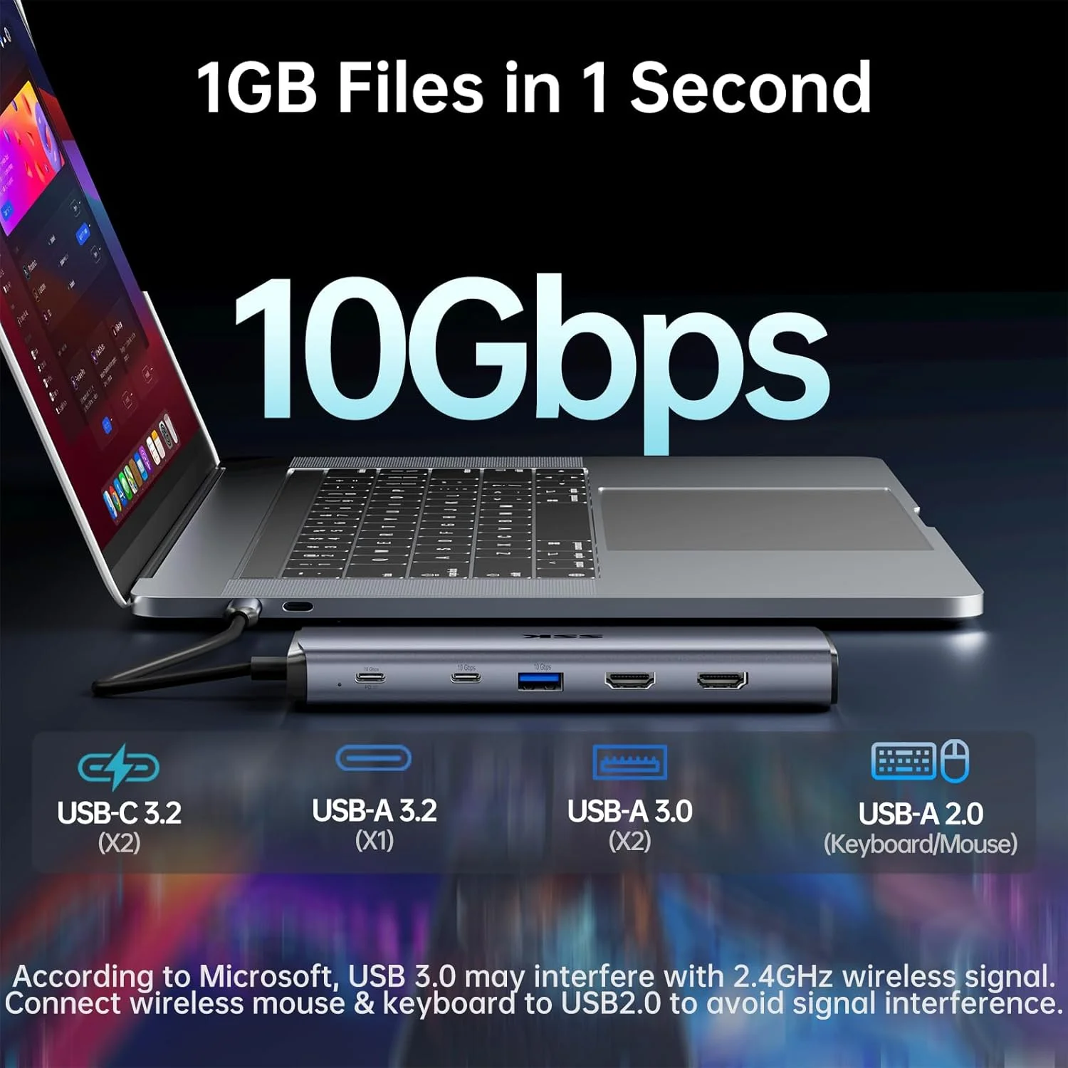 داک USB C مدل SSK 8K برای لپ تاپ تاندربولت، ایستگاه اتصال مک بوک 3 مانیتور، هاب USB C دوگانه HDMI با سرعت 10 گیگابیت بر ثانیه، Displayport، اترنت، 100W PD، میکروفون/صدا، پورت USB C&A 3.2 Gen 2 برای آیفون 15/مک/لنوو