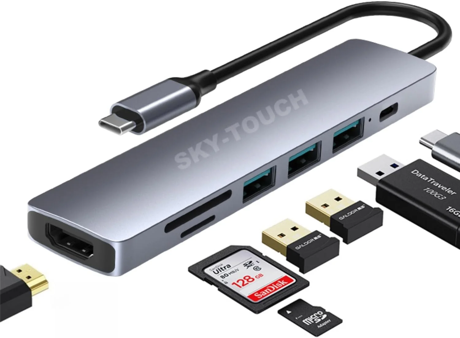 هاب USB C چند پورت 7 در 1 SKY-TOUCH، آداپتور Type-C، هاب USB با کارت خوان SD، خروجی HDMI 4K، 3 پورت USB 3.0 برای MacBook Pro، XPS و سایر Type C