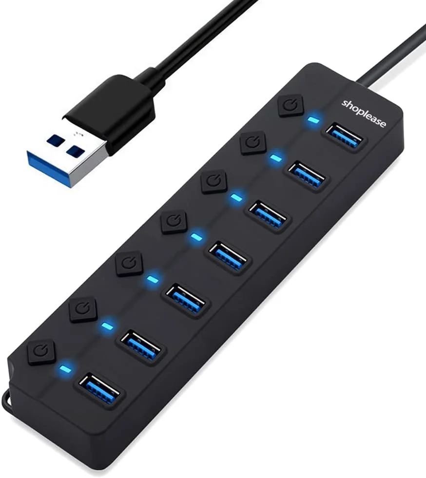 هاب USB 3.0 با 7 پورت، دارای کلیدهای روشن/خاموش جداگانه و چراغ، اسپلیتر هاب USB پرسرعت قابل حمل برای کامپیوتر، لپ تاپ و غیره (بدون آداپتور برق)