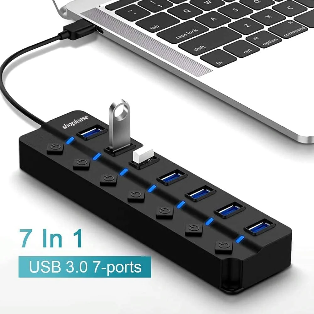 هاب USB 3.0 با 7 پورت، دارای کلیدهای روشن/خاموش جداگانه و چراغ، اسپلیتر هاب USB پرسرعت قابل حمل برای کامپیوتر، لپ تاپ و غیره (بدون آداپتور برق)