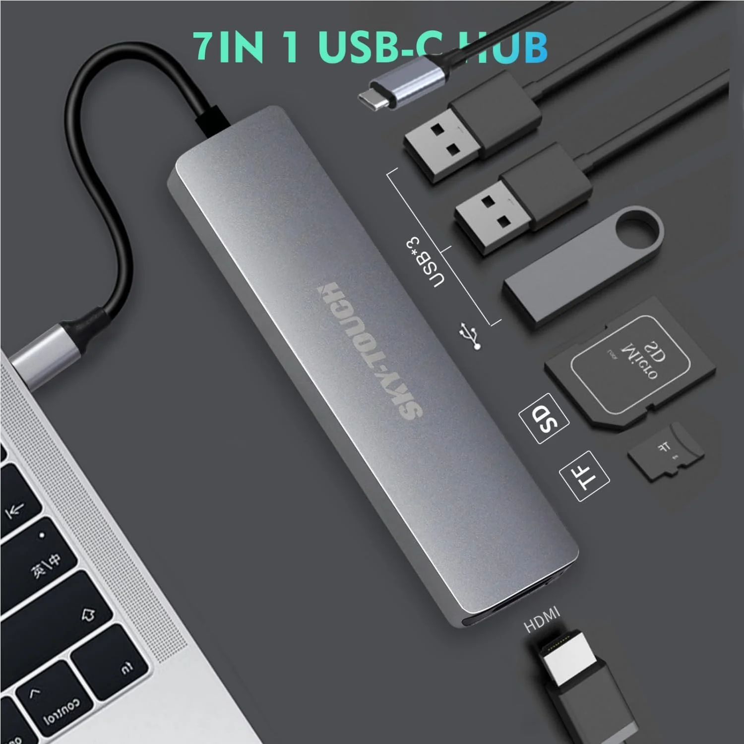 هاب USB C چند پورت 7 در 1 SKY-TOUCH، آداپتور Type-C، هاب USB با کارت خوان SD، خروجی HDMI 4K، 3 پورت USB 3.0 برای MacBook Pro، XPS و سایر Type C