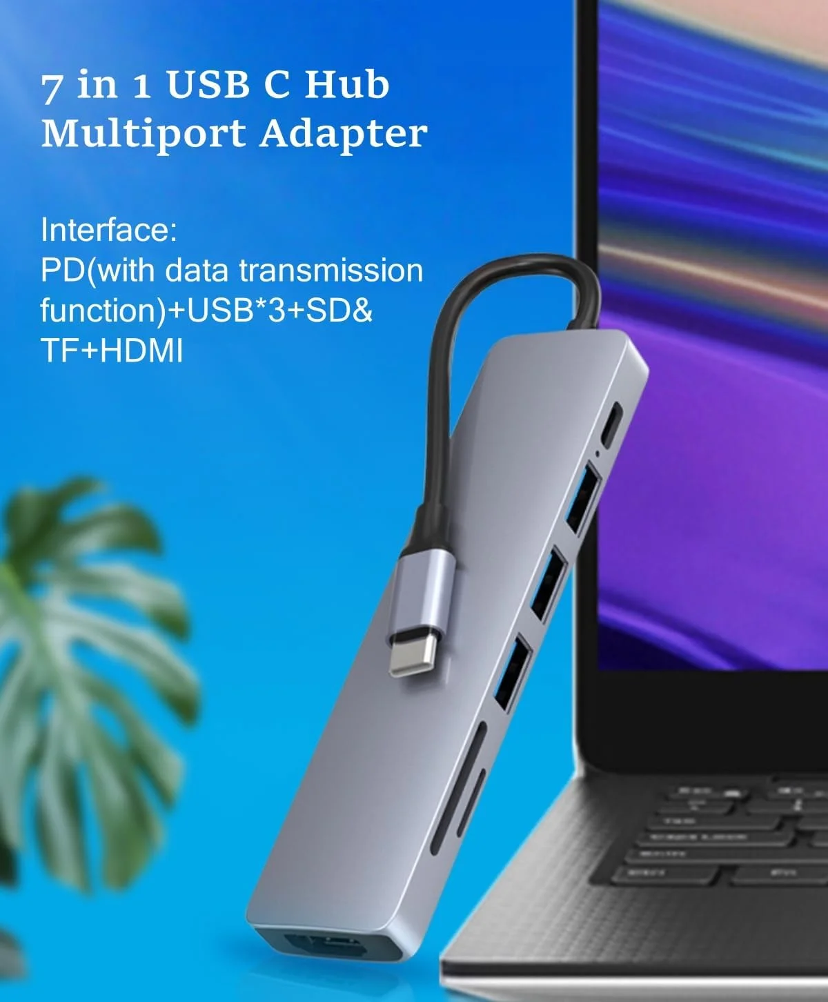 هاب USB C چند پورت 7 در 1 SKY-TOUCH، آداپتور Type-C، هاب USB با کارت خوان SD، خروجی HDMI 4K، 3 پورت USB 3.0 برای MacBook Pro، XPS و سایر Type C