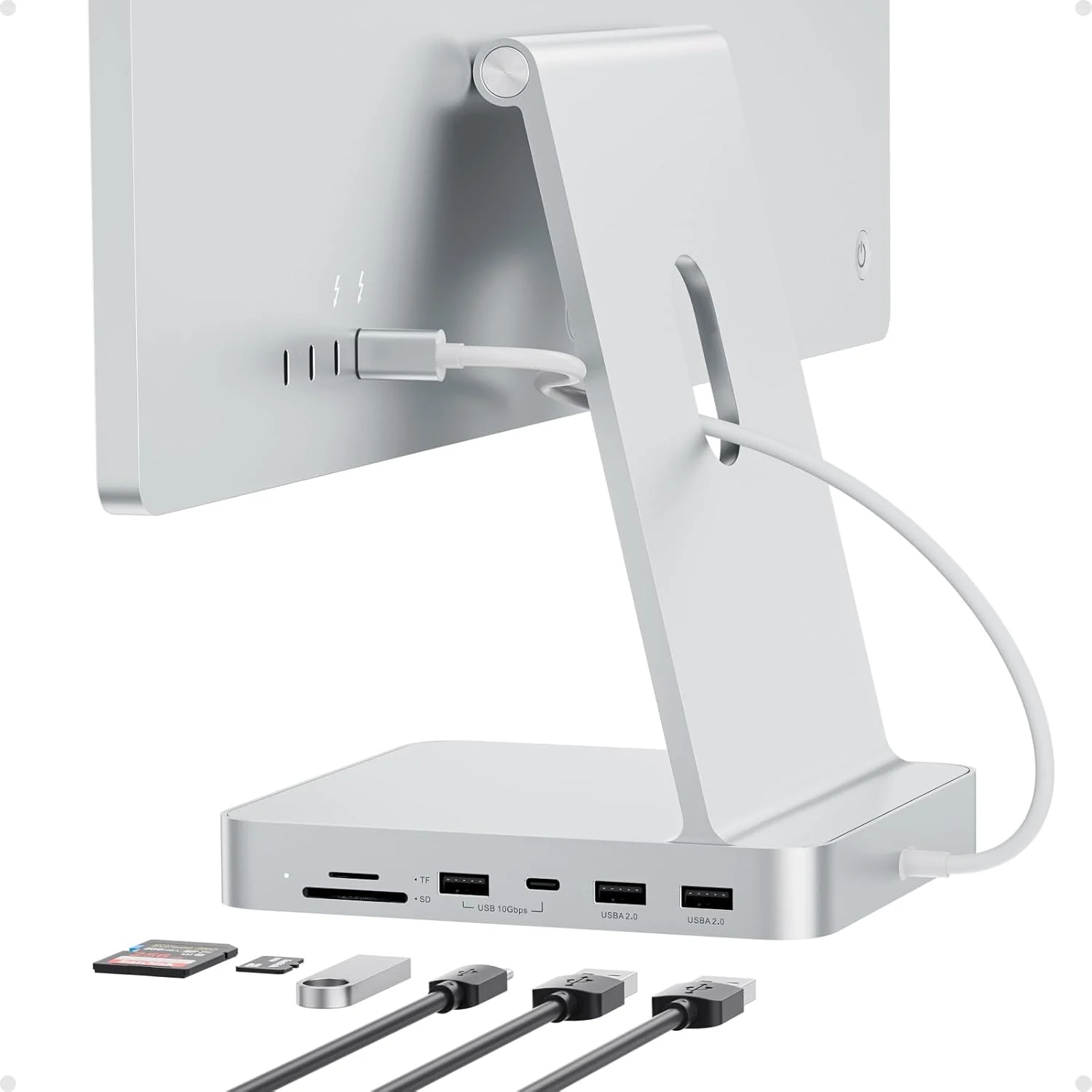 هاب USB C برای آی‌مک 24 اینچ 2021، آداپتور هاب USB 7 در 1 لوازم جانبی آی‌مک با USBC 10Gbps 3*USB A کارت‌خوان SD/TF، ایستگاه داکینگ پشتیبانی از توسعه M.2 NVMe SSD (شامل نمی‌شود) (نقره‌ای-1)