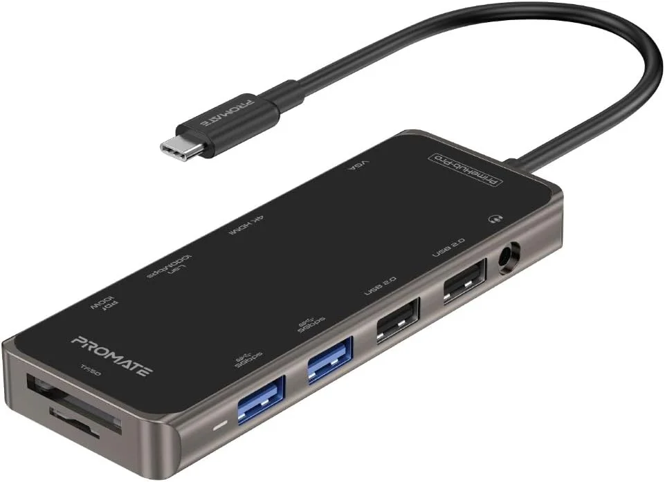 هاب USB-C پرومیت، آداپتور چند پورت 11 در 1 Type-C با تحویل توان 100 واتی USB-C، پورت HDMI 4K، پورت VGA، پورت RJ45، AUX، اسلات کارت TF/SD و 4 پورت USB برای MacBook Pro، MacBook Air، XPS، PrimeHubPro، مشکی