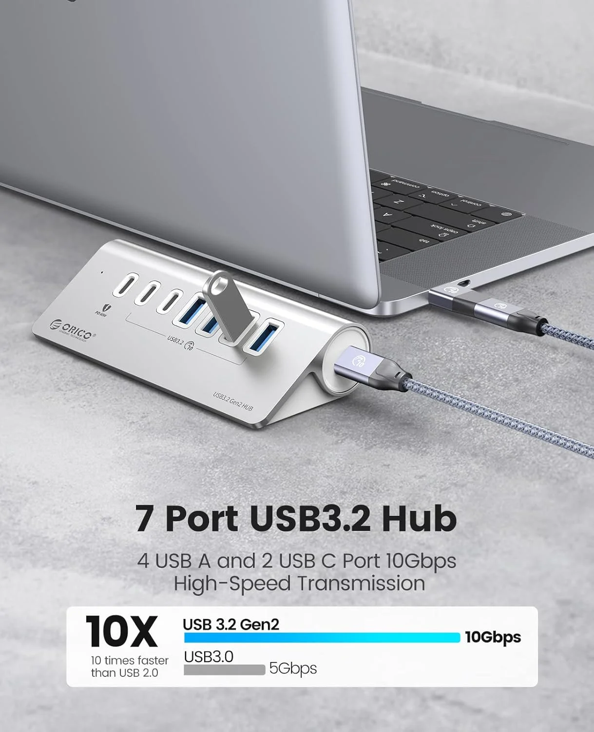 هاب USB تغذیه شده ORICO با سرعت 10 گیگابیت بر ثانیه، هاب 7 پورت USB 3.2 نسل 2 با 6 پورت داده USB 3.2، 1 پورت شارژ PD 60 واتی، آداپتور برق 24V3A، کابل 1.64 فوتی C به C و آداپتور USB-A، هاب داده USB آلومینیومی برای لپ تاپ هاب USB تغذیه شده ORICO با سرعت 10 گیگابیت بر ثانیه، هاب 7 پورت USB 3.2 نسل 2 با 6 پورت داده USB 3.2، 1 پورت شارژ PD 60 واتی، آداپتور برق 24V3A، کابل 1.64 فوتی C به C و آداپتور USB-A، هاب داده USB آلومینیومی برای لپ تاپ