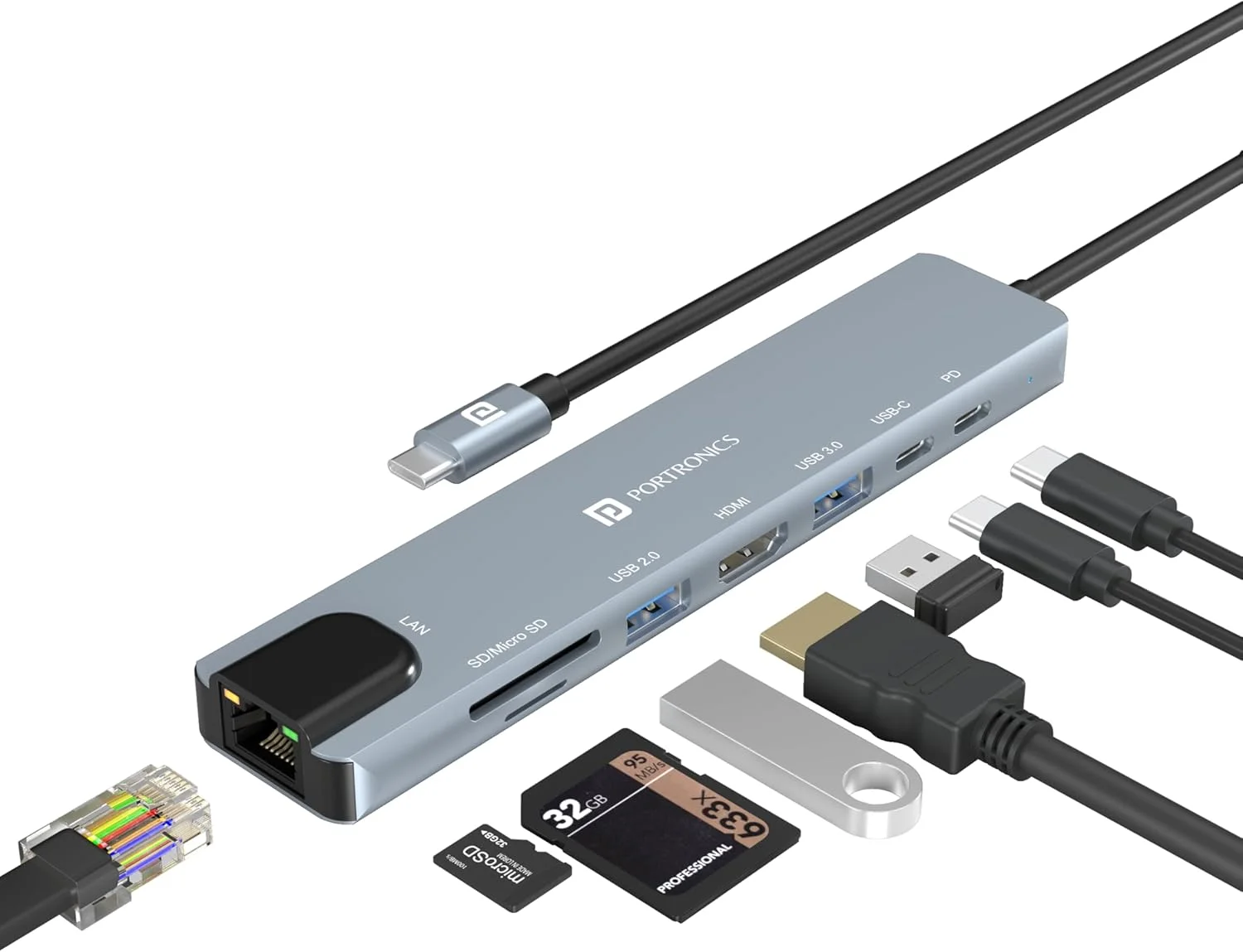 هاب/داک استیشن USB-C پورتronics Mport 8 (8 در 1) با HDMI 4K 30Hz، اترنت 100 مگابیت بر ثانیه، USB 3.0، کارت خوان microSD/SD، انتقال داده Type-C، شارژ PD، USB 2.0، پورت Type-C برای لپ تاپ، مک، کامپیوتر