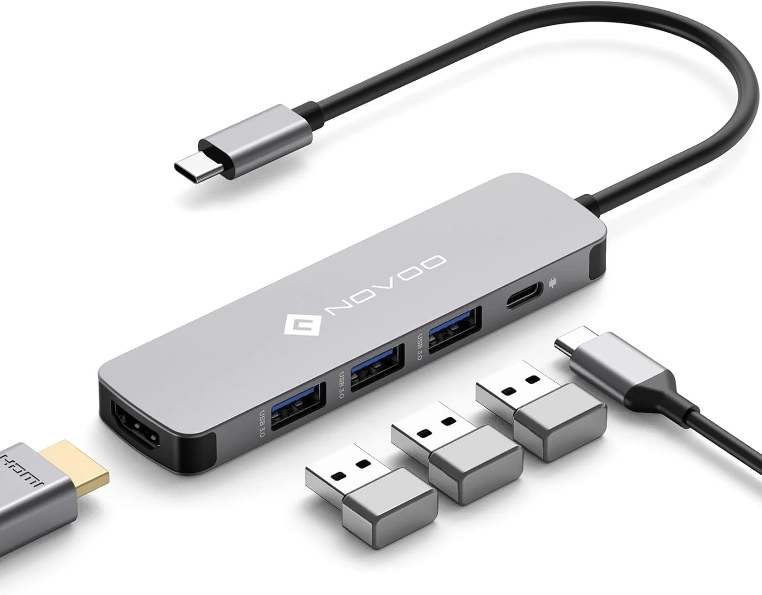 هاب USB C فوق باریک NOVOO برای مک بوک پرو/ایر M1/M2/2020، آداپتور USB C پنج در یک با تحویل برق 100 واتی، HDMI 4K UHD، 3 پورت USB 3.0 پرسرعت، آداپتور چند پورت برای لنوو، دل، اچ پی، ایسر، سامسونگ