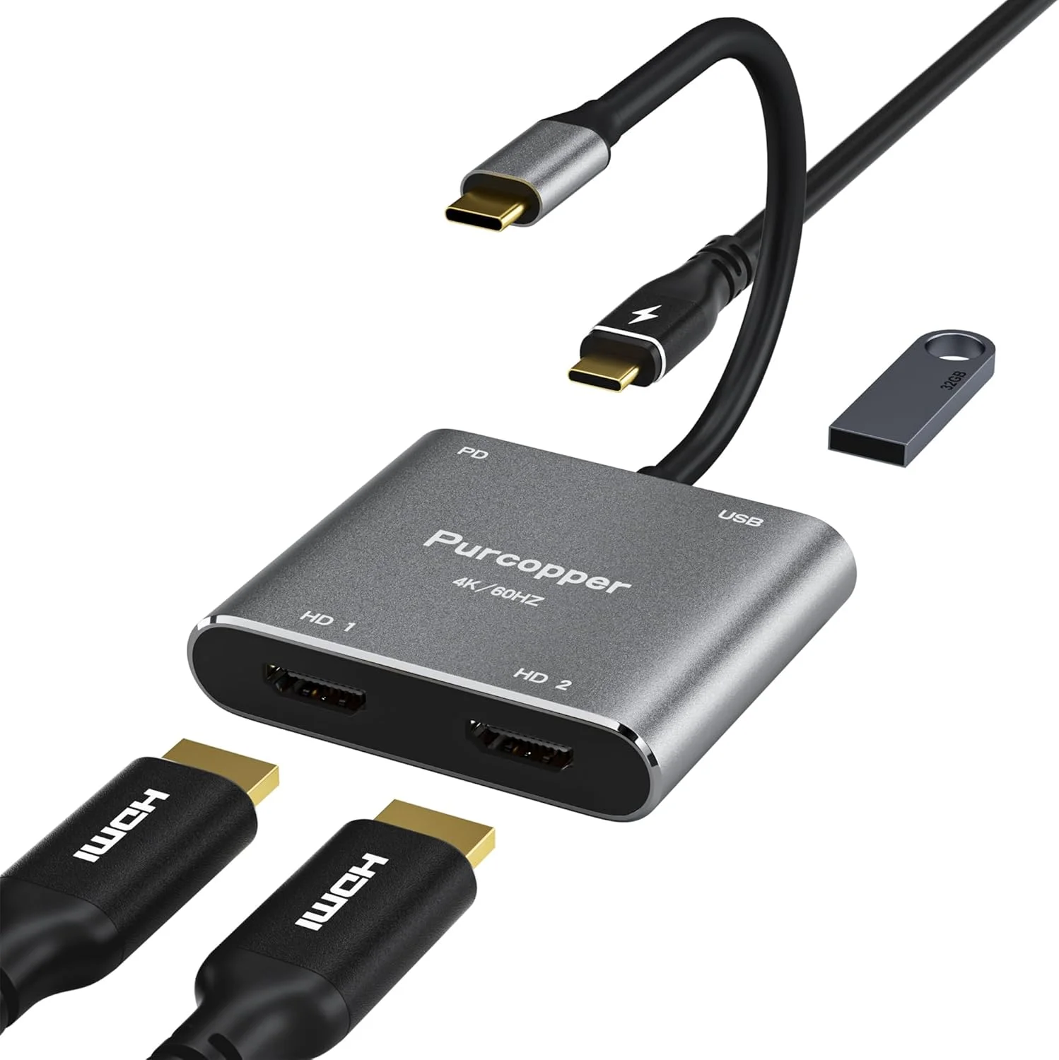 آداپتور چند پورت USB-C به HDMI، هاب 4 در 1 Type-C با دو پورت HDMI 4K و شارژ PD حداکثر 100 وات و پورت داده USB 3.0 OTG مبدل AV دیجیتال برای MacBook Pro/Air، iPad Pro/Air، سری iPhone 15