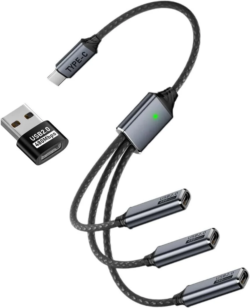 هاب USB 2.0 Type-C با کابل تبدیل USB-C به 3 پورت، انتقال داده 1 به 3 با توان باس برای لپ تاپ، کامپیوتر، تلفن، ماوس، کیبورد، پرینتر و دیسک