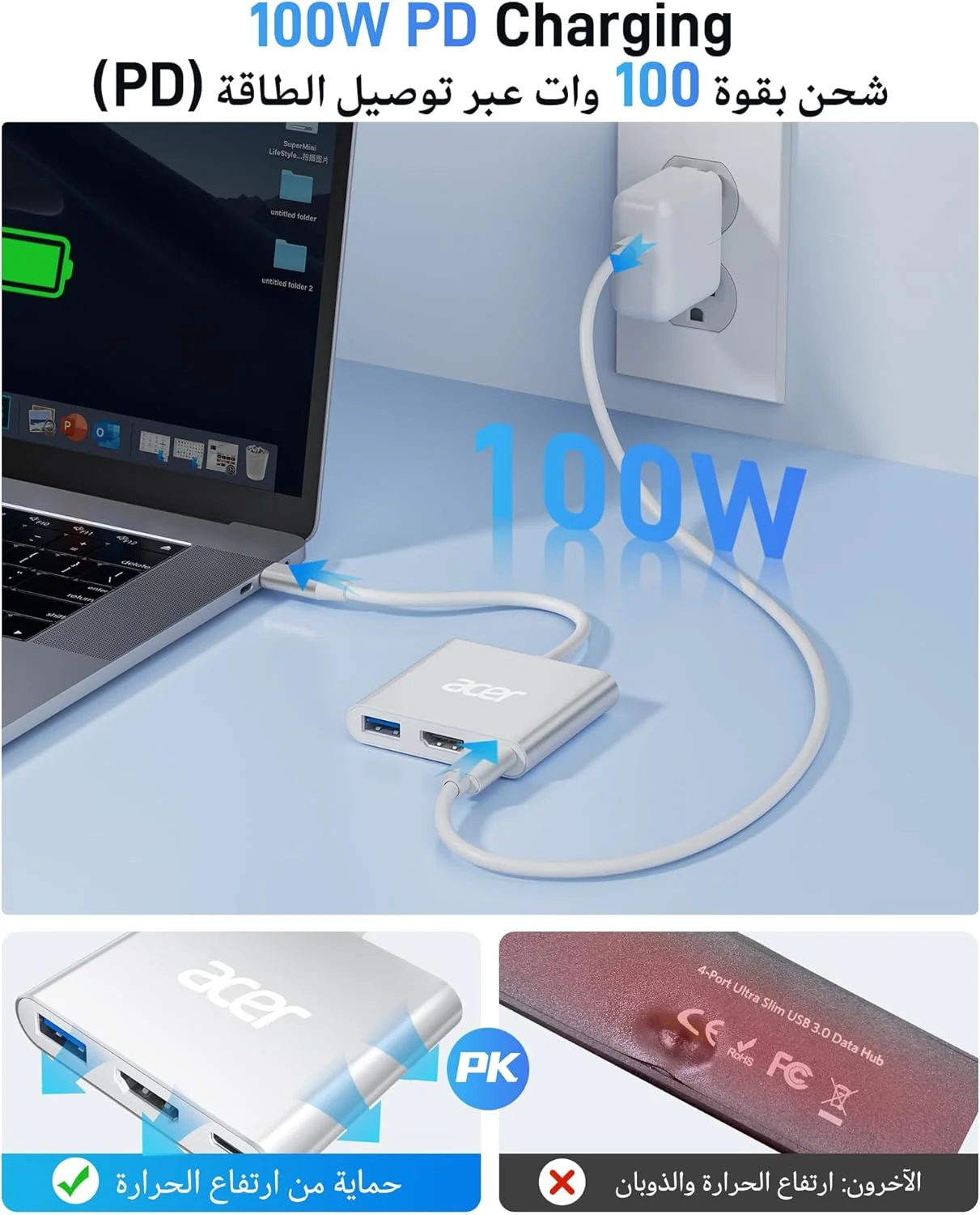 آداپتور چند پورت USB C به HDMI ایسر، هاب Type-C با HDMI 4K، PD 100W، پورت USB 3.0، سازگار با MacBook Pro/Air، iPad Pro/Air، iPhone 16 Pro/Pro Max، لپ‌تاپ‌ها و تبلت‌ها