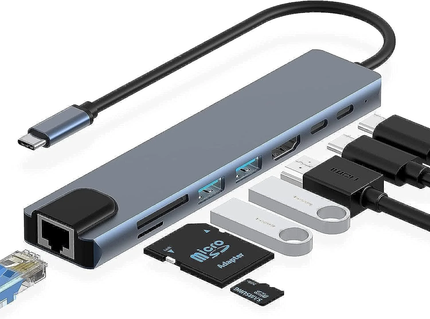 هاب USB C، آداپتور چند پورت 8 در 1 Type C با HDMI 4K، تحویل برق PD، USB-C، اترنت، 2 USB، کارت خوان SD/TF سازگار با مک بوک پرو XPS و سایر دستگاه های Type C