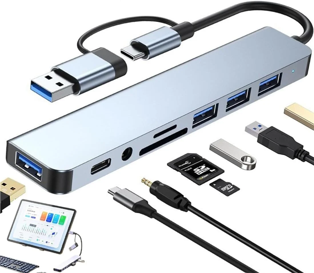 هاب USB نوع C هشت در دو، ایستگاه اتصال آداپتور چند پورت با HDMI 4K، پاور PD، USB-C، اترنت، 2 پورت USB، صدای 3.5 میلی‌متری، کارت‌خوان SD/TF، سازگار با MacBook Pro XPS و سایر دستگاه‌های نوع C (8 در 1)