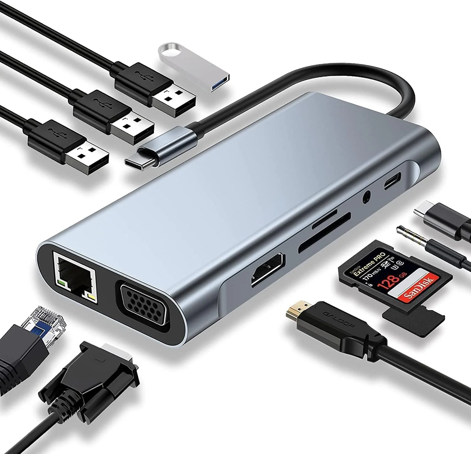 هاب USB C، آداپتور چند پورت USB C، دانگل 11 در 1 با 4K HDMI، VGA، Type C PD، USB3.0، RJ45 Ethernet، کارت خوان SD/TF، AUX 3.5 میلی متری، داک استیشن برای MacBook Pro/Air و سایر دستگاه های لپ تاپ Type C