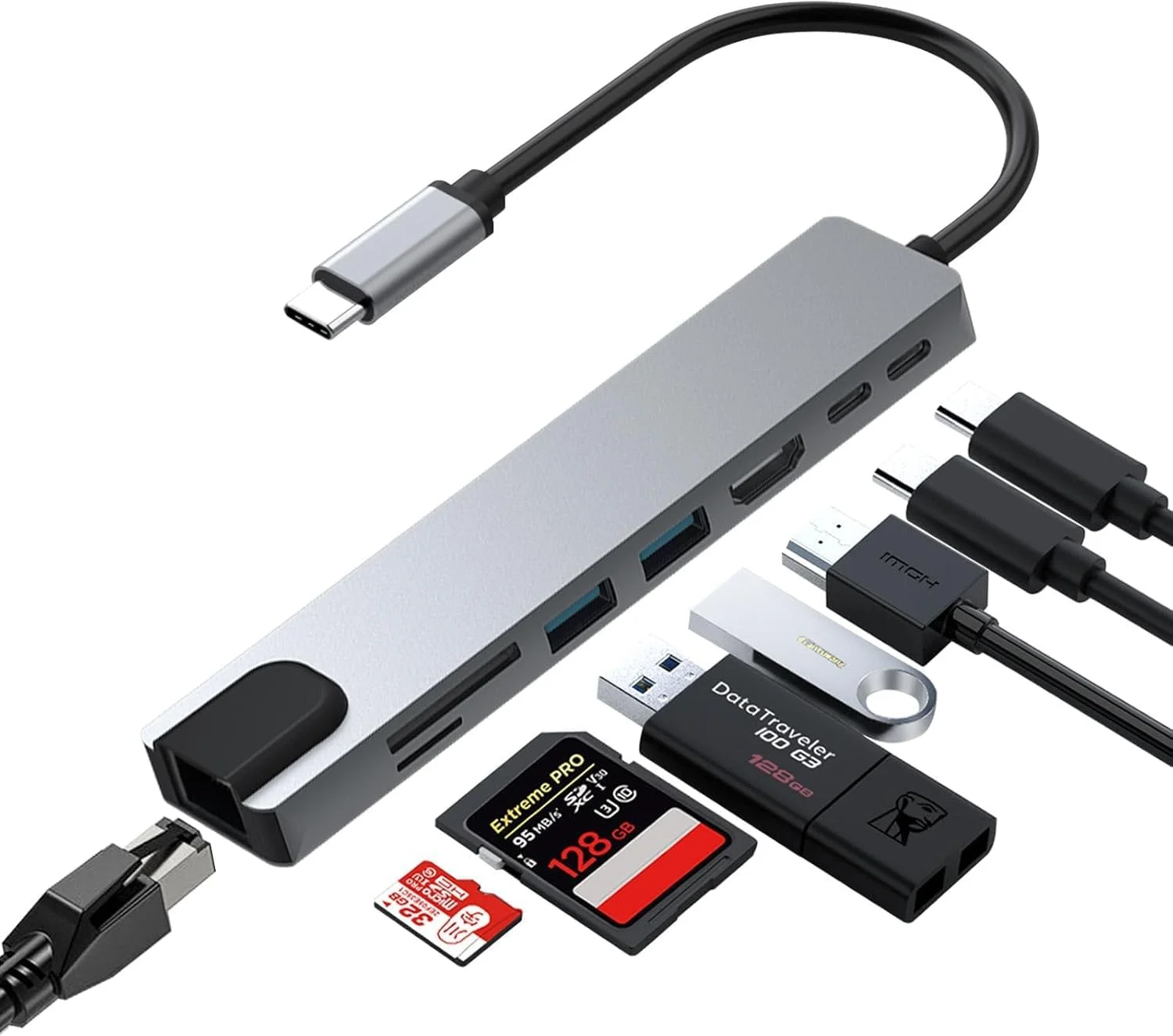 هاب USB C هشت در یک، آداپتور چند پورت Type-C با خروجی 4K HDMI، شارژ 100 وات PD، اترنت، USB 3.0/2.0، کارت خوان SD/TF برای مک بوک پرو/XPS/لپ تاپ