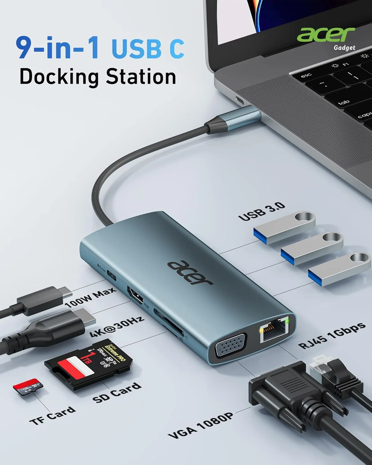 هاب USB C ایسر [9 در 1] آداپتور چند پورت USB C به HDMI 4K با VGA 1080P، شبکه گیگابیتی RJ45، کارت خوان SD، USB3.0، PD 100W، سازگار با مک بوک، آیفون 16 پرو/پرو مکس، لپ تاپ های Surface - خاکستری