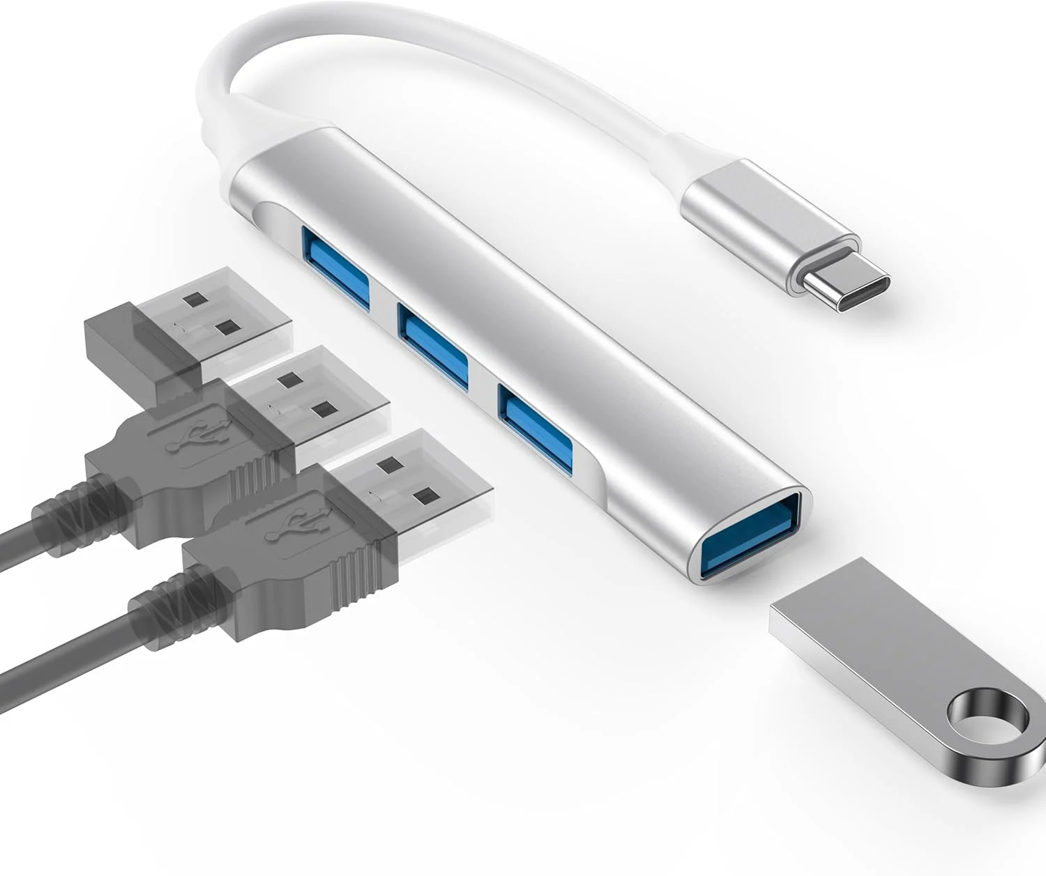 هاب USB C، آداپتور چند پورت USB-C 4 در 1 با PD 100W، HDMI 4K، 3 پورت داده USB-A، هاب آلومینیومی Type C برای M1/M2 MacBook Air، iPhone 15 Pro/Pro Max، Galaxy، Surface Go، XPS، iPad (نقره ای)