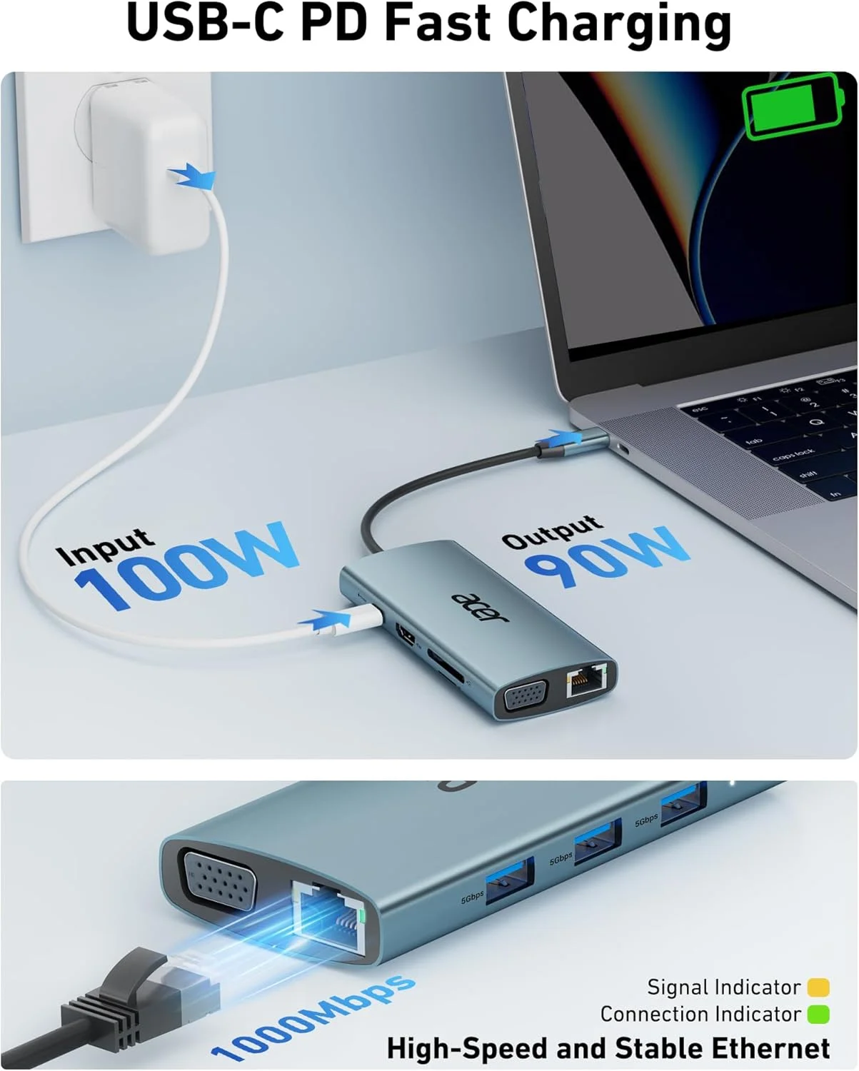 هاب USB C ایسر [9 در 1] آداپتور چند پورت USB C به HDMI 4K با VGA 1080P، شبکه گیگابیتی RJ45، کارت خوان SD، USB3.0، PD 100W، سازگار با مک بوک، آیفون 16 پرو/پرو مکس، لپ تاپ های Surface - خاکستری