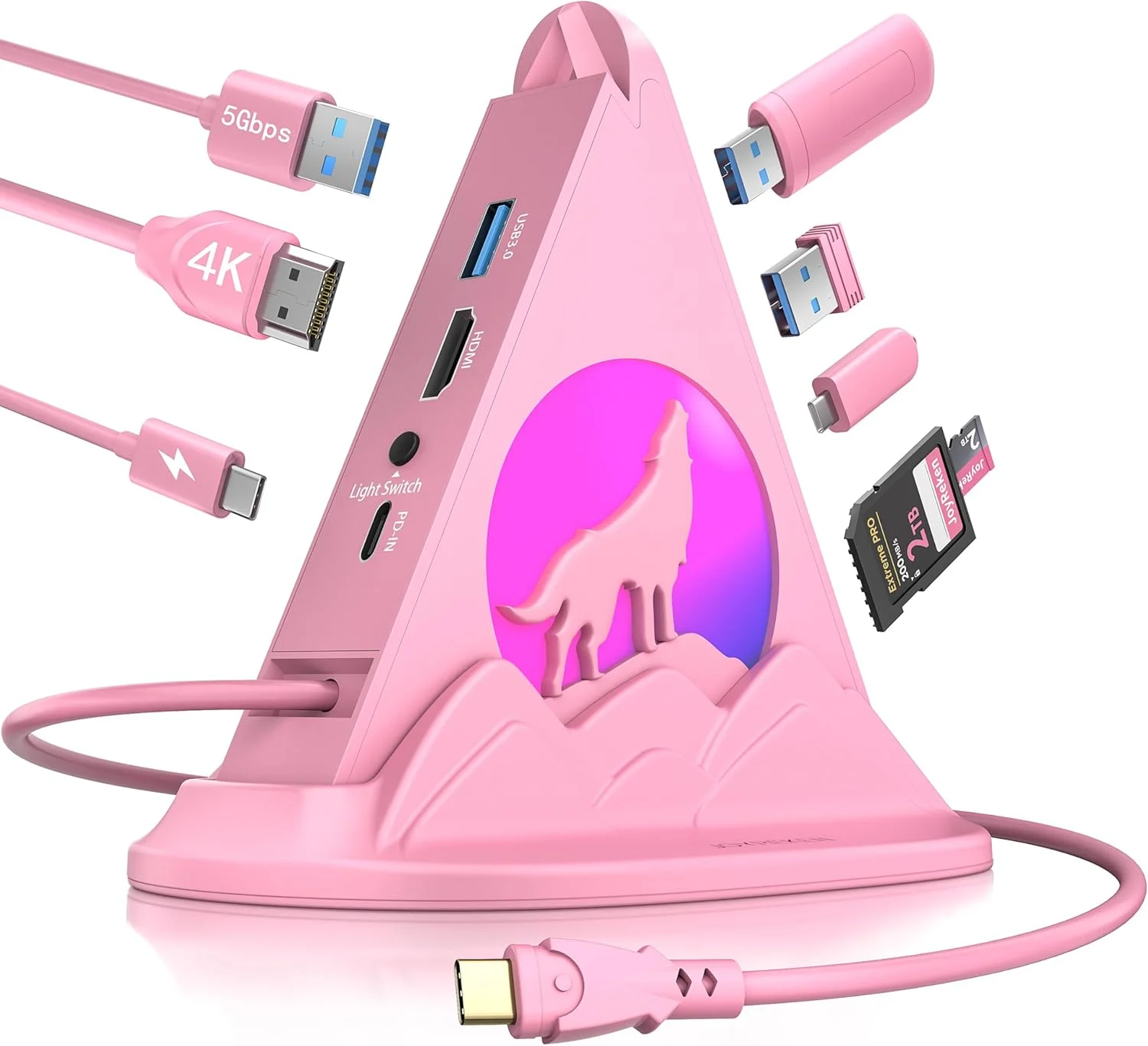 هاب USB C گرگ، آداپتور چند پورت صورتی 8 در 1 Type C با HDMI 4K@30Hz، PD 100W، 5Gbps 1xUSB-C، 3xUSB-A 3.0، اسلات های SD/TF، پایه، آداپتور RGB MacBook برای MacBook Air/Pro، iPad، iMac، Surface، XPS