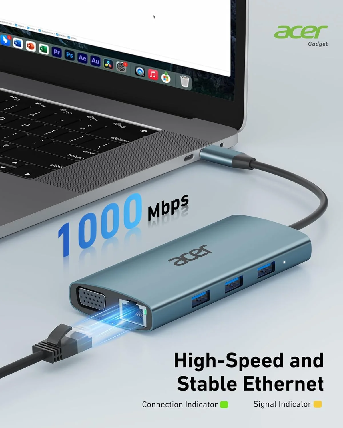 هاب USB C ایسر [9 در 1] آداپتور چند پورت USB C به HDMI 4K با VGA 1080P، شبکه گیگابیتی RJ45، کارت خوان SD، USB3.0، PD 100W، سازگار با مک بوک، آیفون 16 پرو/پرو مکس، لپ تاپ های Surface - خاکستری